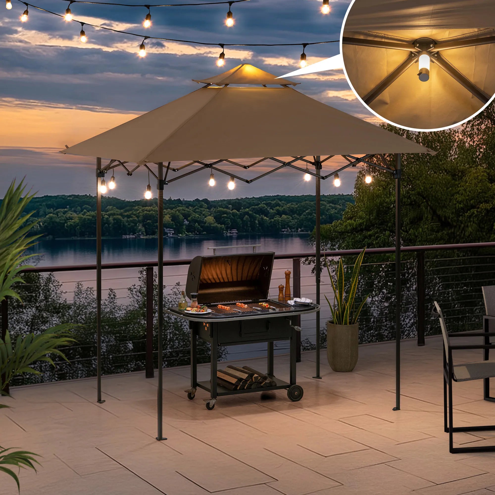 SUNJOY 8x5 Pop up Grill Gazebo with Magnetic LED Light and Carrying Bag - Brown