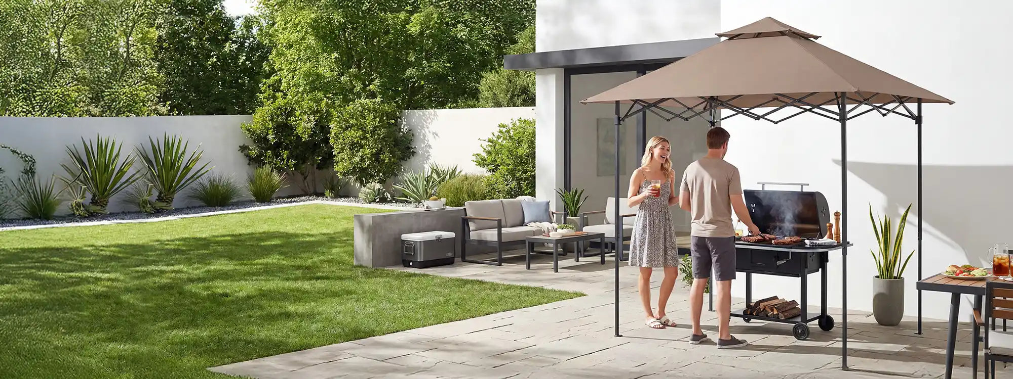 SUNJOY 8x5 Pop up Grill Gazebo with Magnetic LED Light and Carrying Bag - Brown