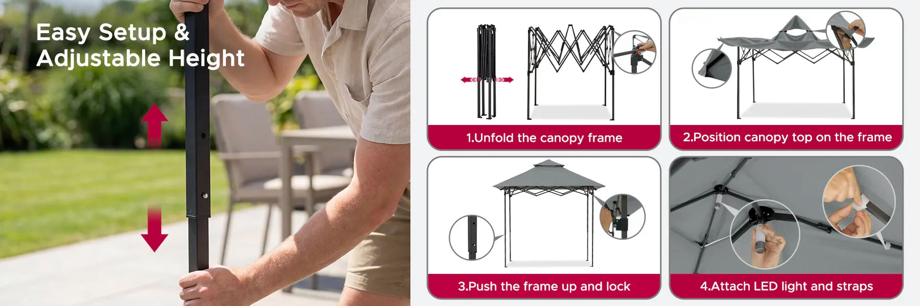 SUNJOY 8x5 Pop up Grill Gazebo with Magnetic LED Light and Carrying Bag - Gray