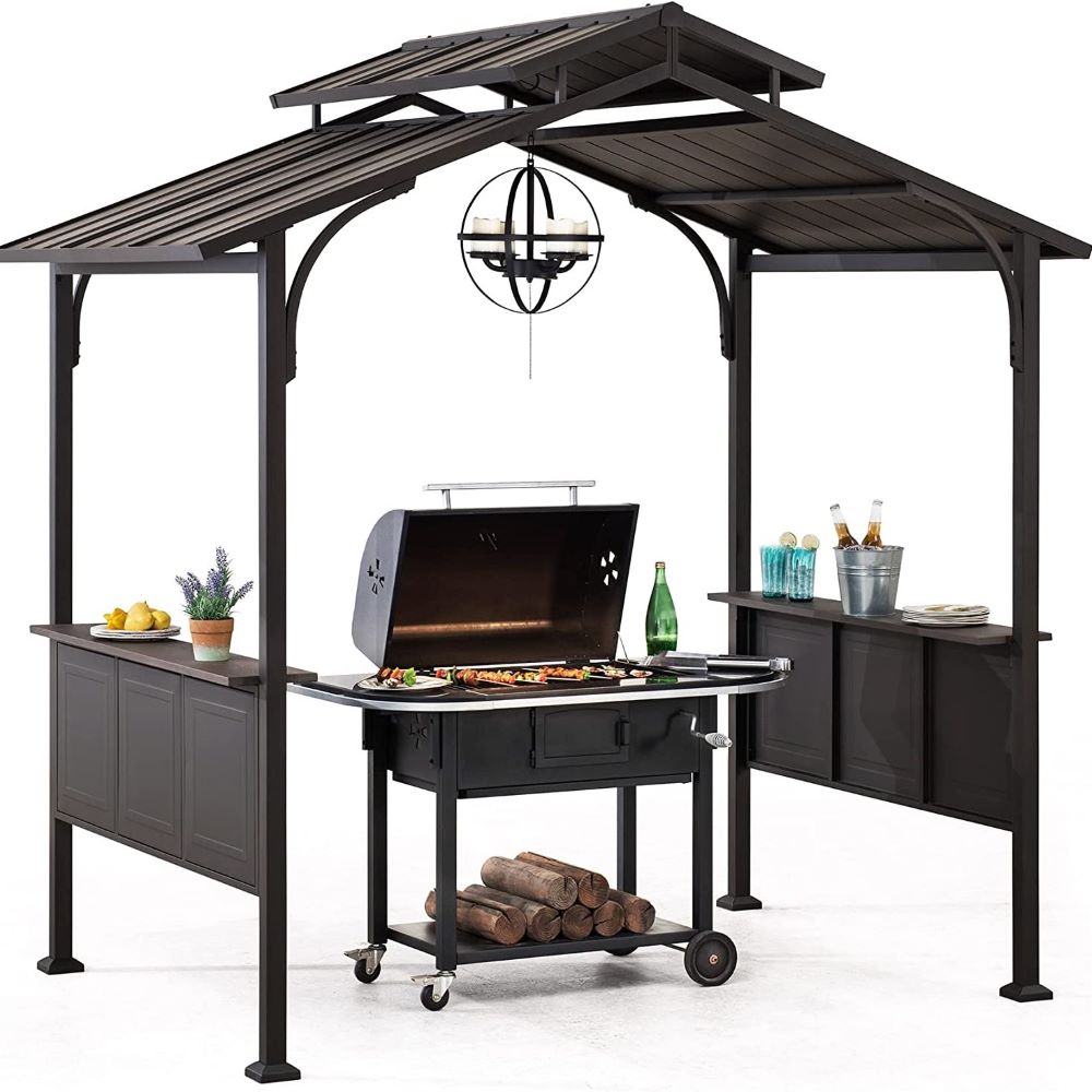 SUNJOY 5x8 Backyard Hardtop Grill Gazebo with Ceiling Hook and Bar Shelves