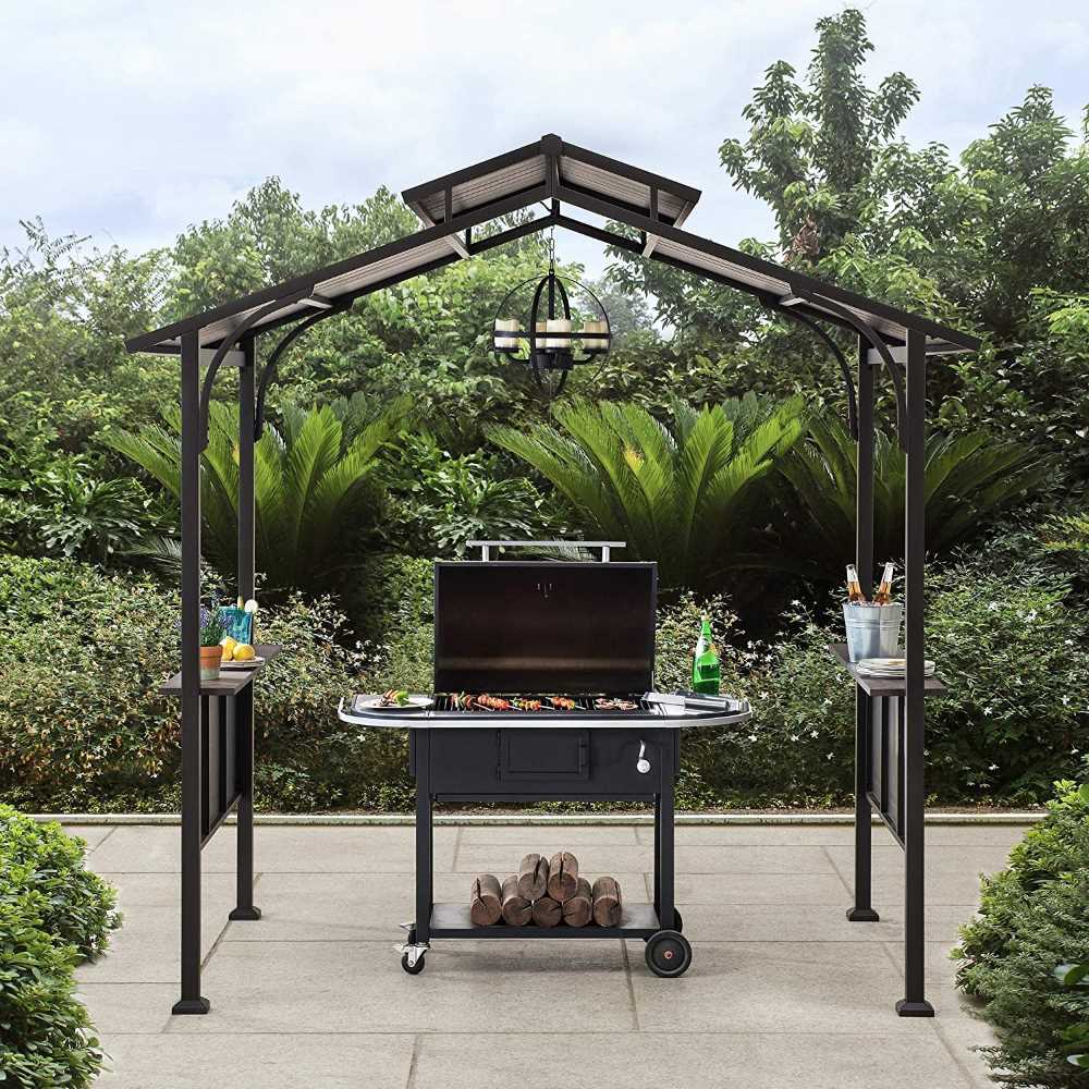 SUNJOY 5x8 Backyard Hardtop Grill Gazebo with Ceiling Hook and Bar Shelves