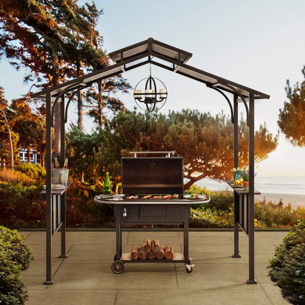 SUNJOY 5x8 Backyard Hardtop Grill Gazebo with Ceiling Hook and Bar Shelves