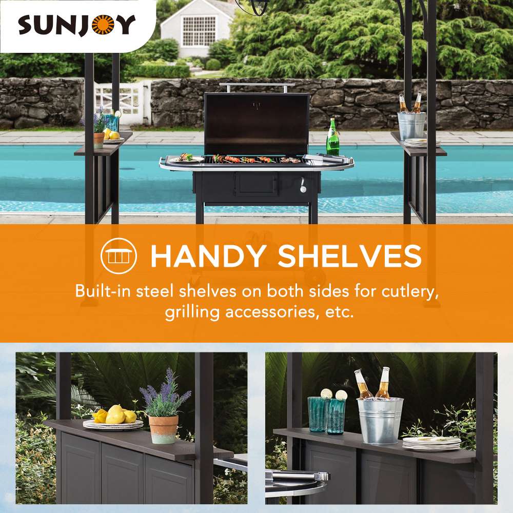 SUNJOY 5x8 Backyard Hardtop Grill Gazebo with Ceiling Hook and Bar Shelves