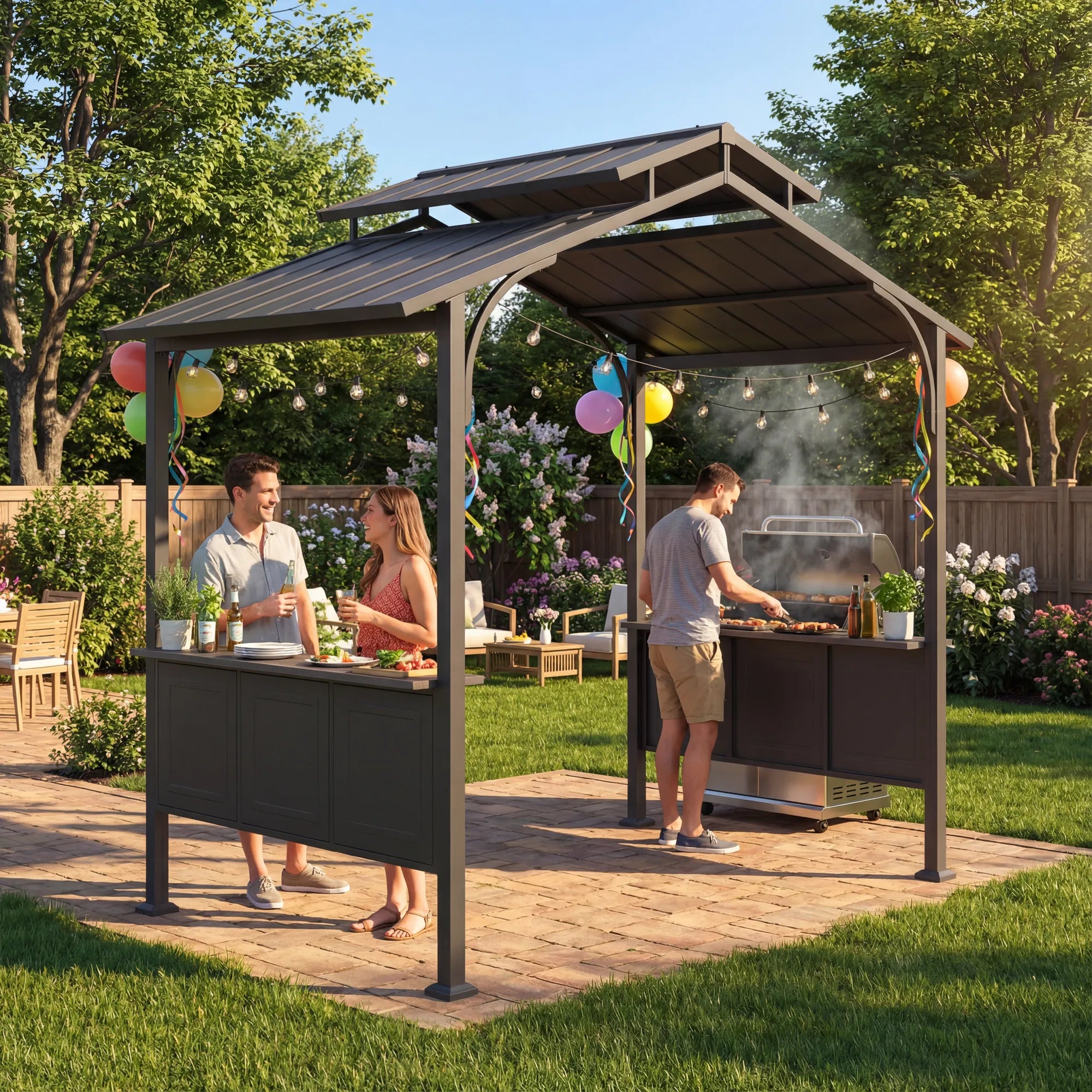 SUNJOY 8x5 Backyard Hardtop Grill Gazebo with Ceiling Hook and Bar Shelves