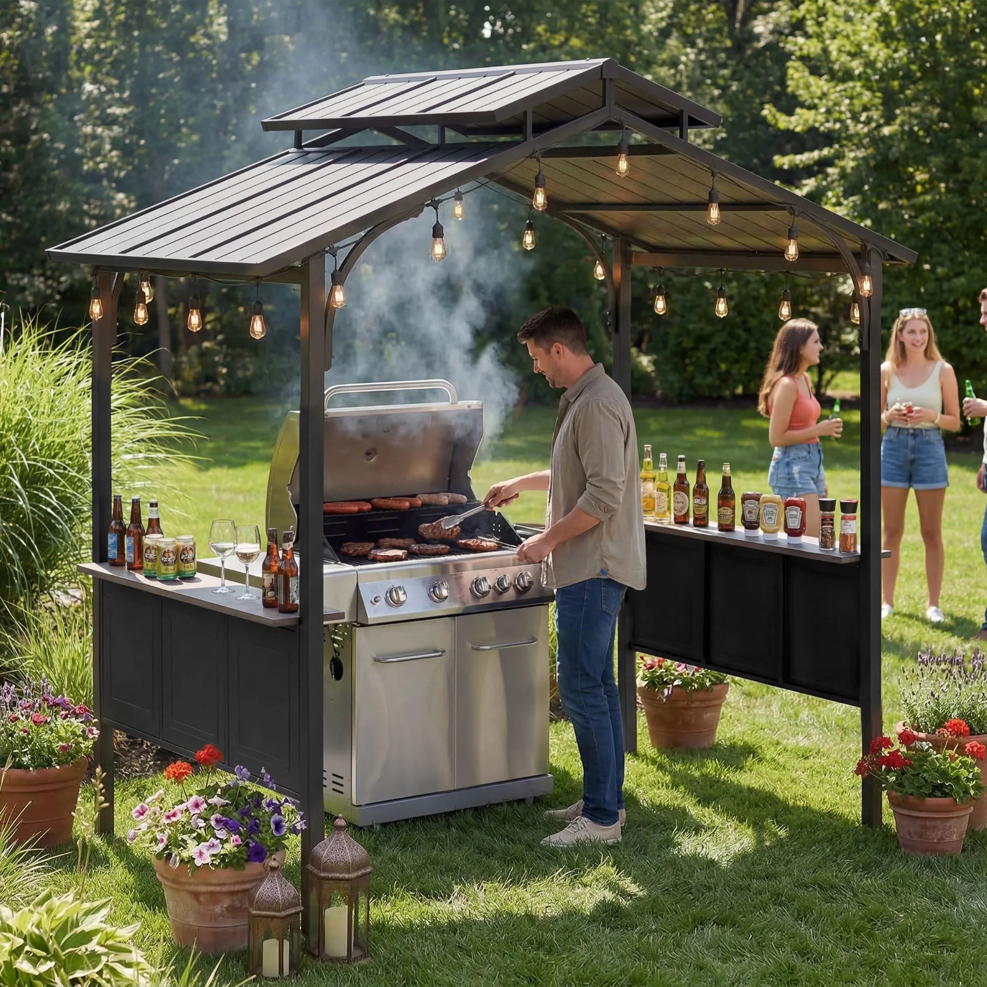 SUNJOY 8x5 Backyard Hardtop Grill Gazebo with Ceiling Hook and Bar Shelves