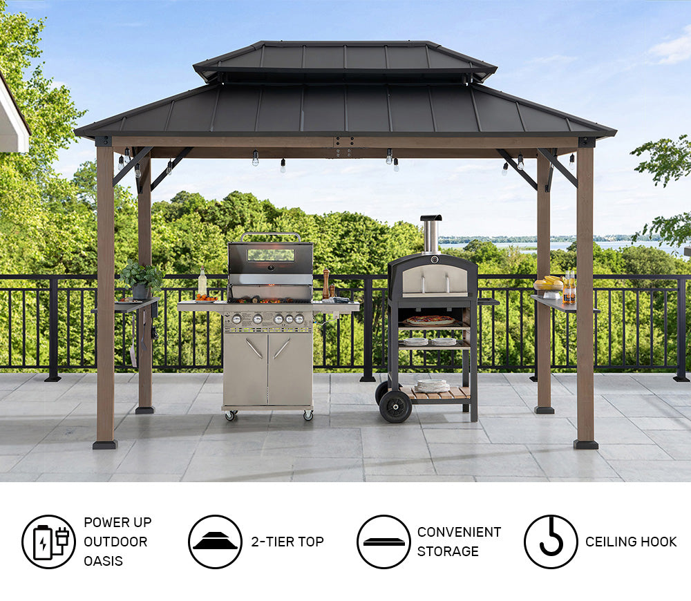SUNJOY 8x12 Hardtop Grill Gazebo with Electrical Outlets and Shelves