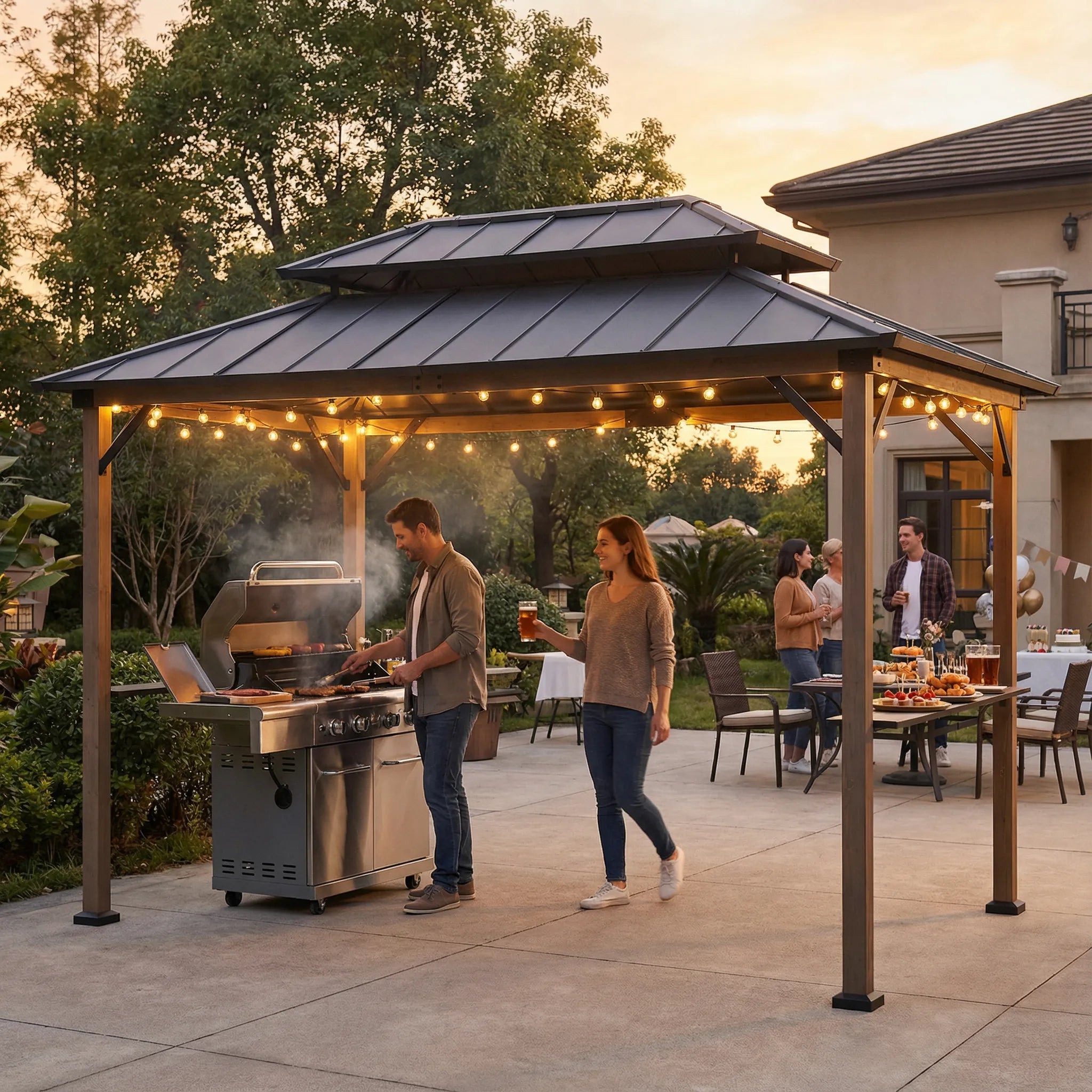 SUNJOY 8x12 Brown Hardtop Grill Gazebo with Electrical Outlets and Shelves