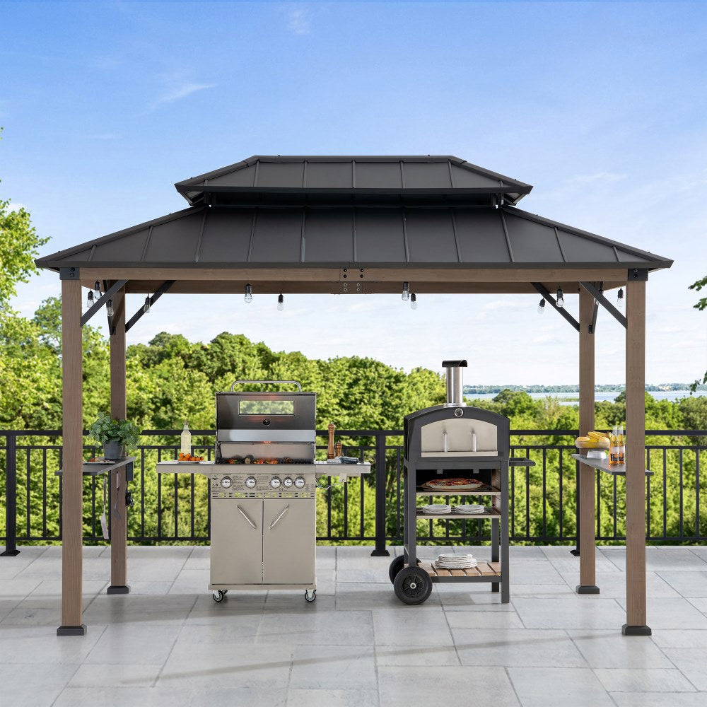SUNJOY 8x12 Hardtop Grill Gazebo with Electrical Outlets and Shelves.