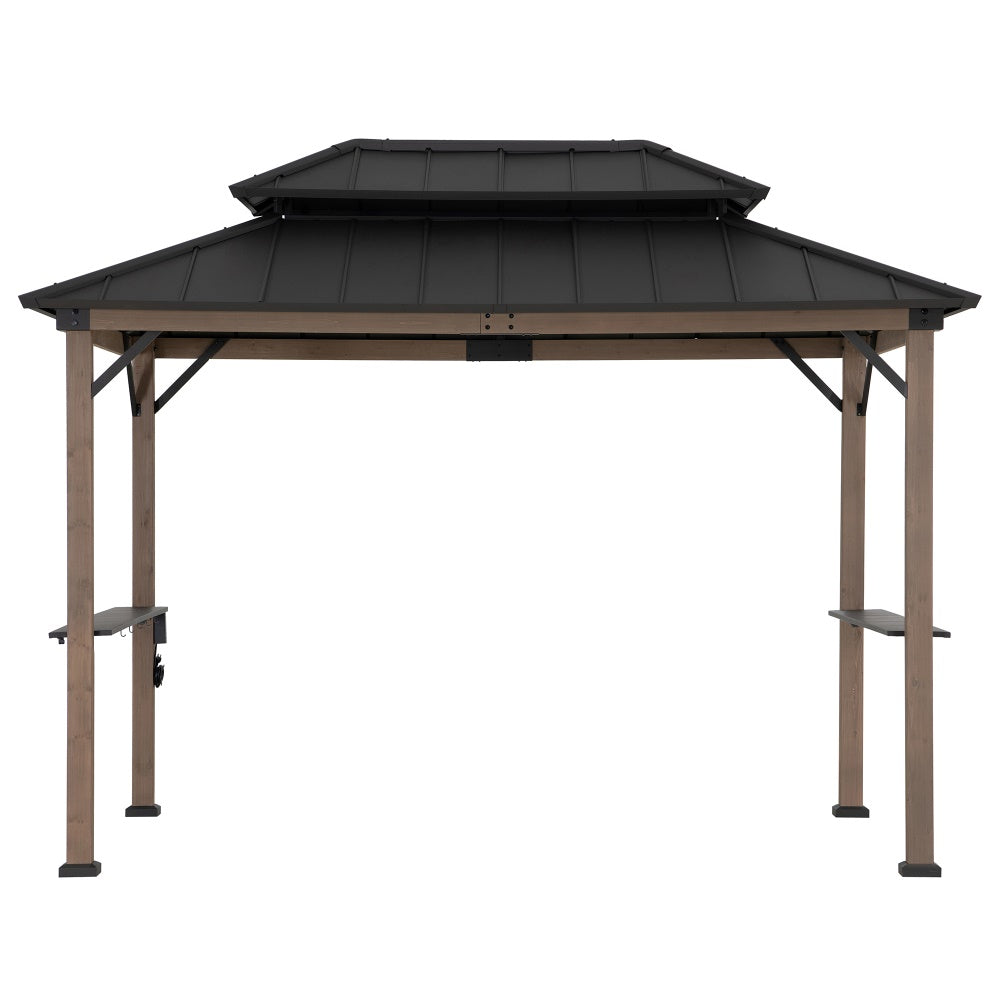SUNJOY 8x12 Hardtop Grill Gazebo with Electrical Outlets and Shelves.