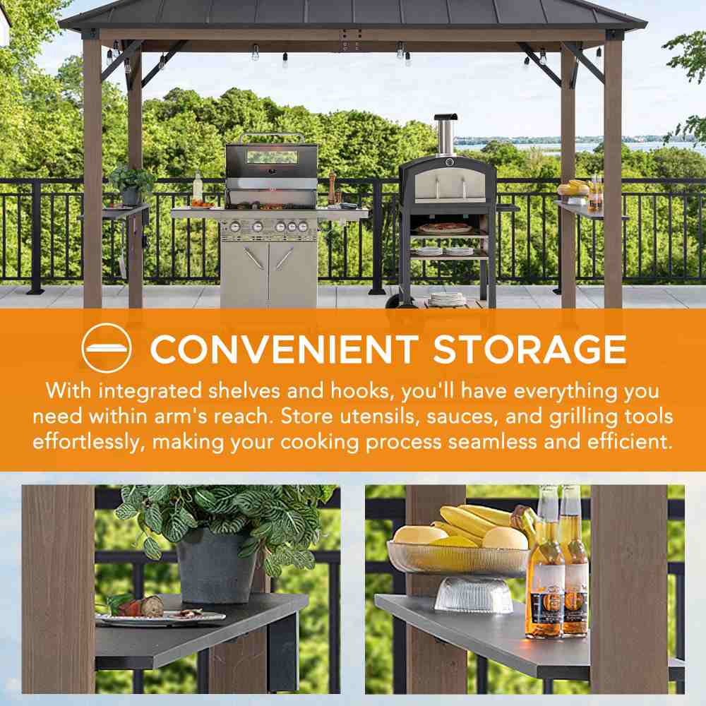 SUNJOY 8x12 Hardtop Grill Gazebo with Electrical Outlets and Shelves.