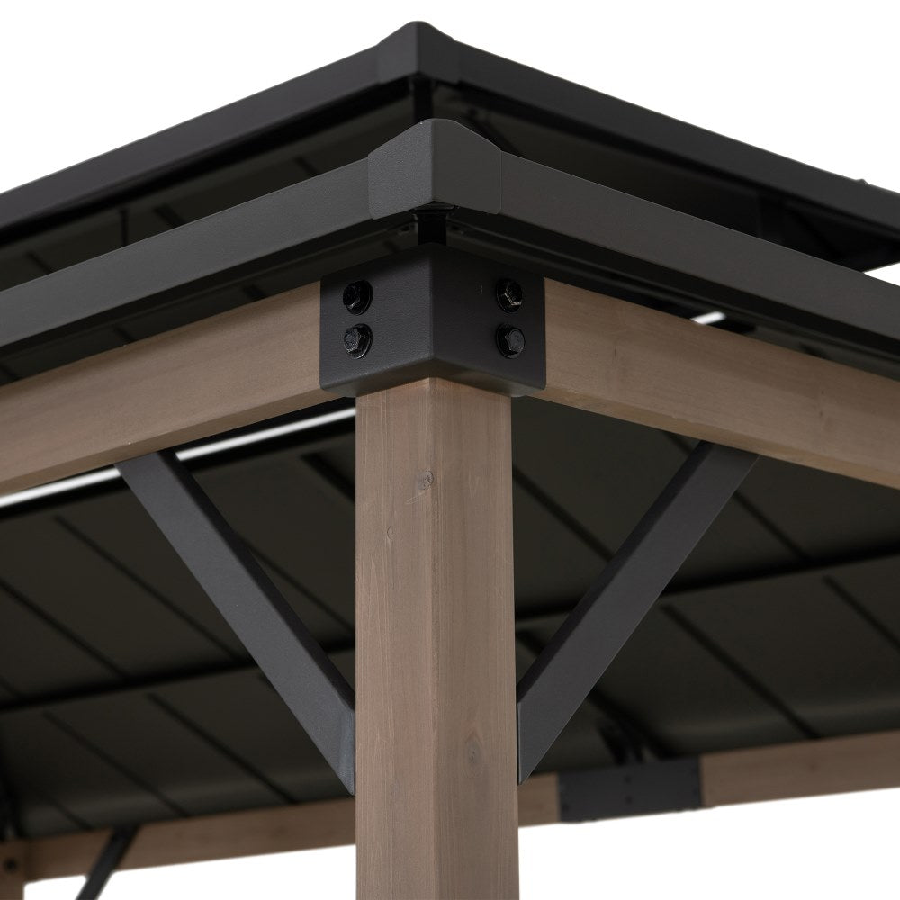 SUNJOY 8x12 Brown Hardtop Grill Gazebo with Electrical Outlets and Shelves