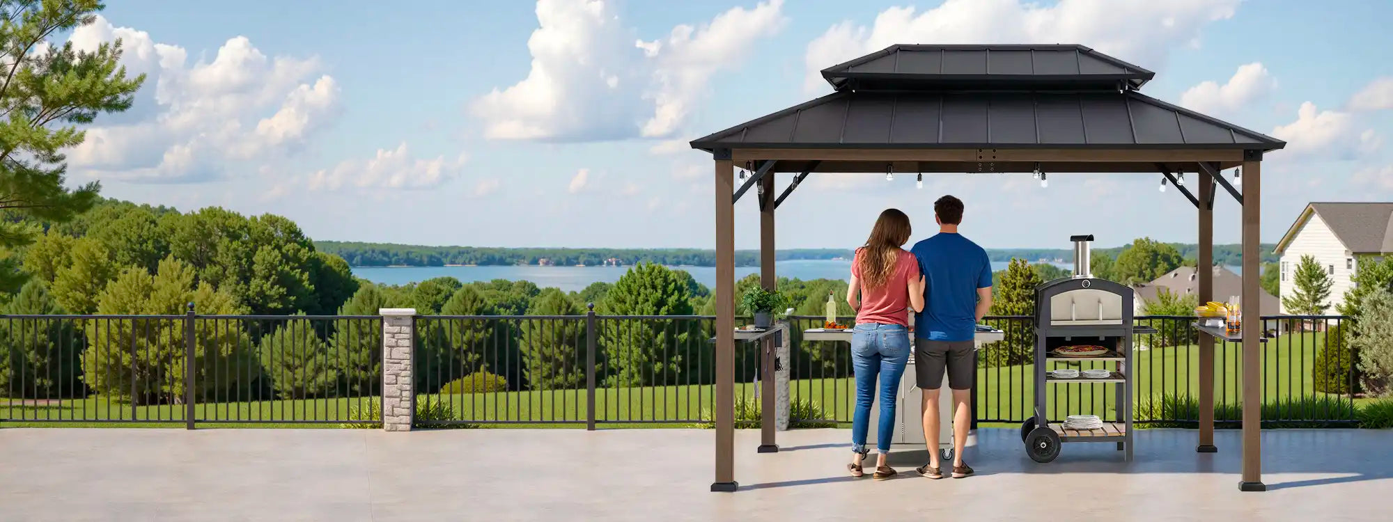 SUNJOY 8x12 Brown Hardtop Grill Gazebo with Electrical Outlets and Shelves