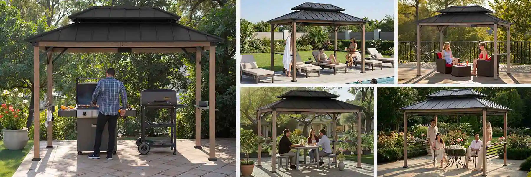 SUNJOY 8x12 Brown Hardtop Grill Gazebo with Electrical Outlets and Shelves