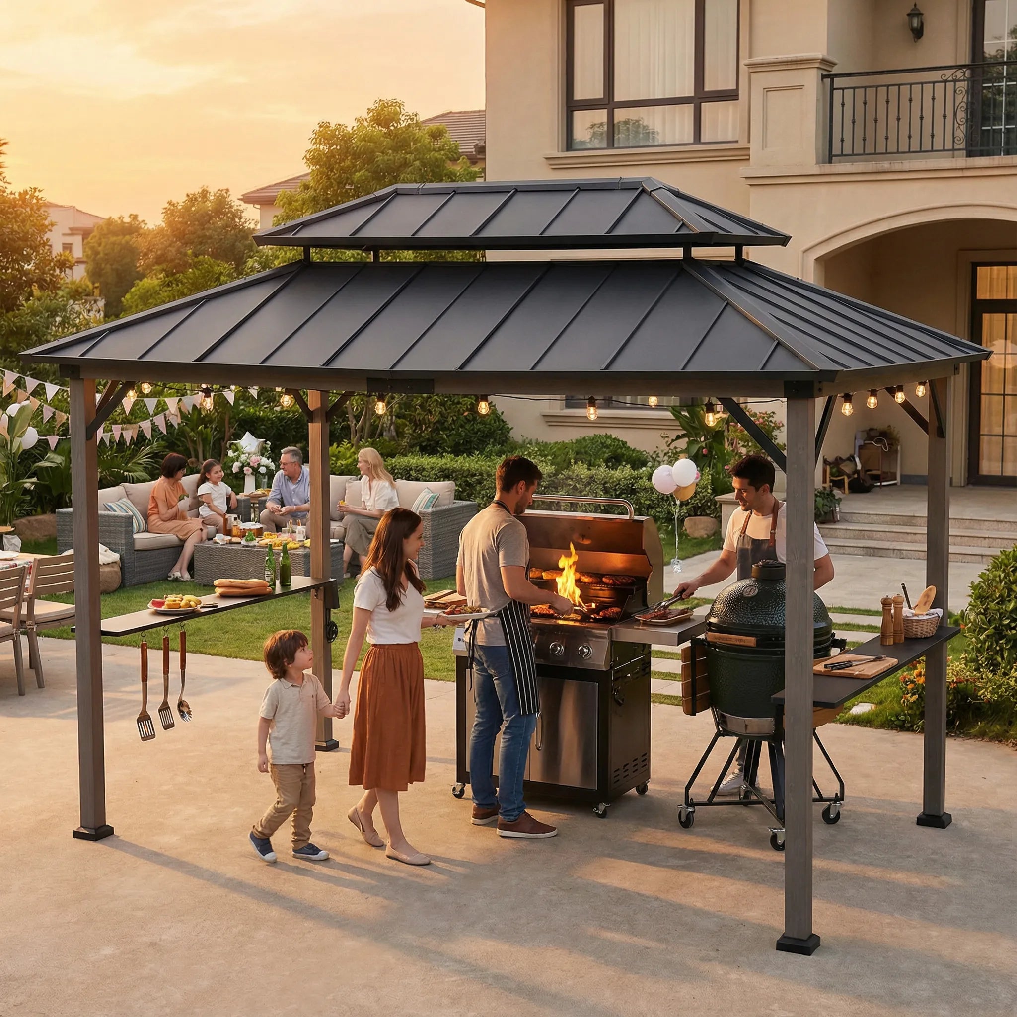 SUNJOY 8x12 Black Hardtop Grill Gazebo with Electrical Outlets and Shelves