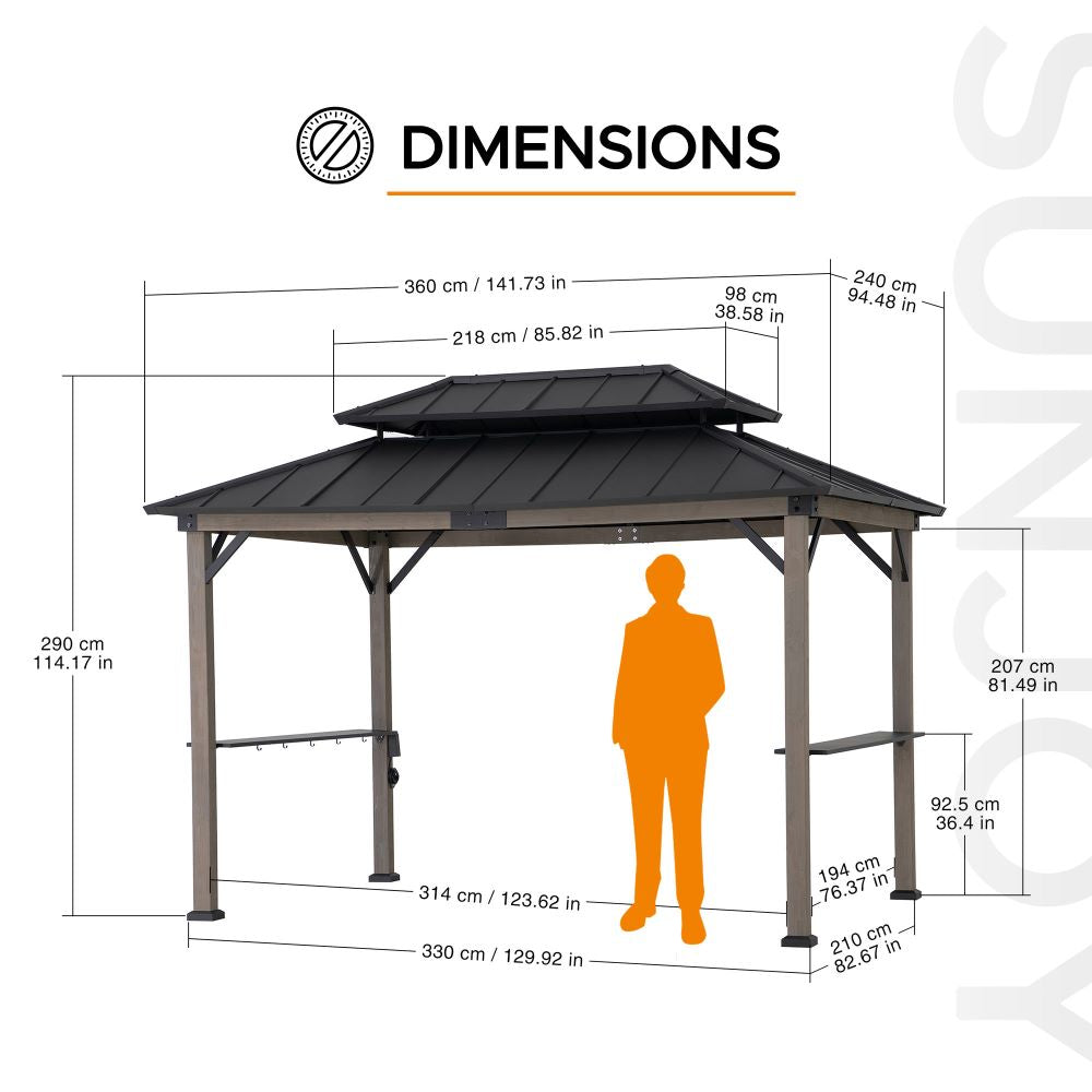 SUNJOY 8x12 Black Hardtop Grill Gazebo with Electrical Outlets and Shelves