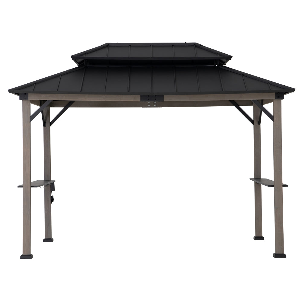 Sunjoy Grill Gazebo, 8' x 12' Wood Frame Hardtop Gazebo with Electrical Outlets and Shelves.