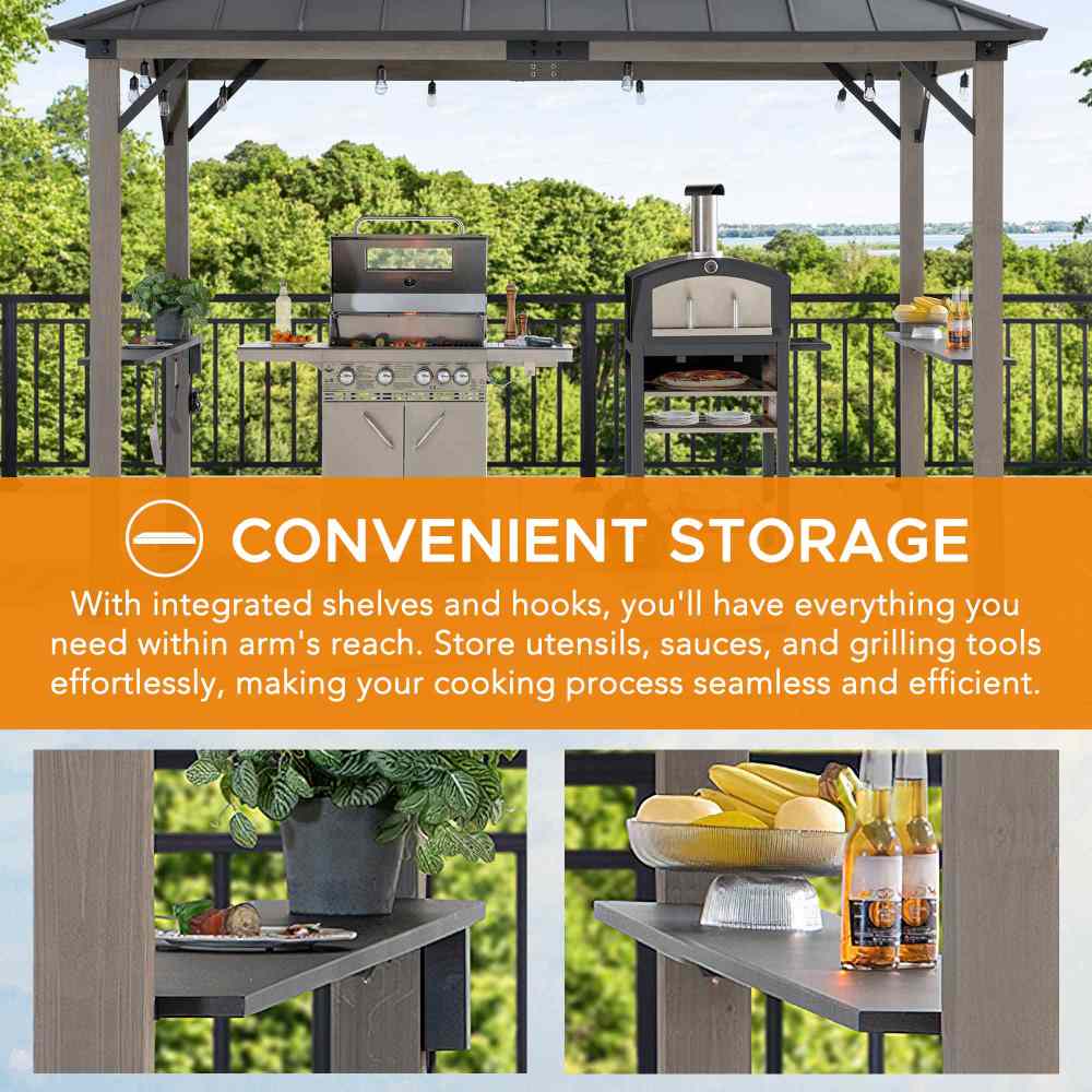 SUNJOY 8x12 Black Hardtop Grill Gazebo with Electrical Outlets and Shelves