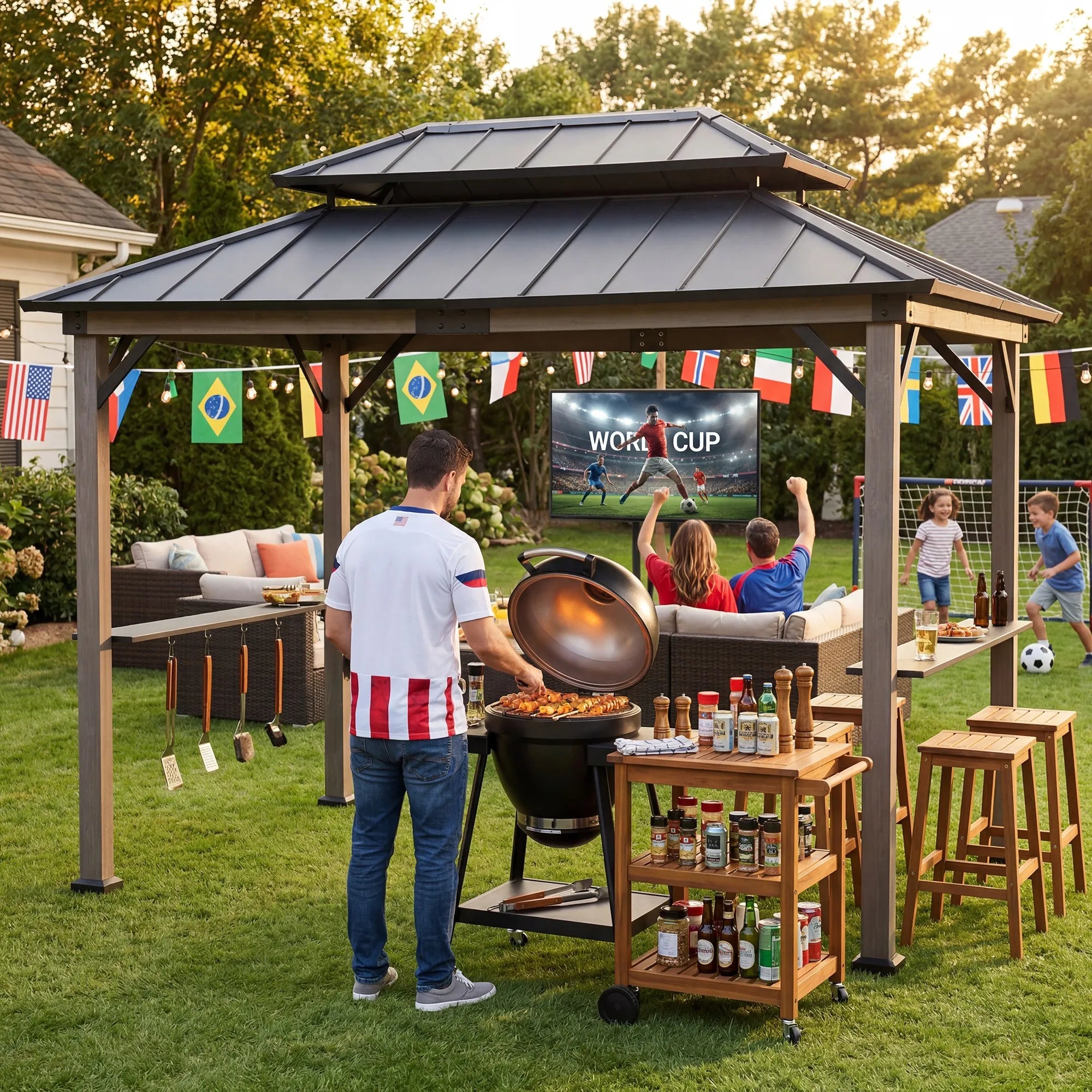 SUNJOY 8x12 Black Hardtop Grill Gazebo with Electrical Outlets and Shelves