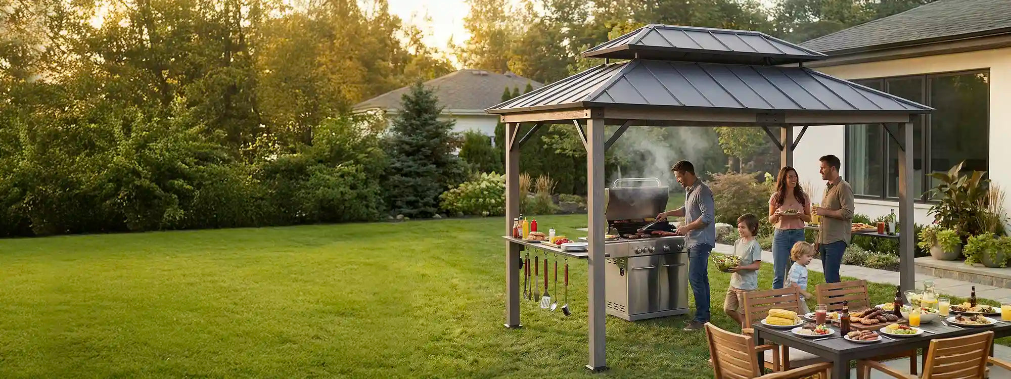 SUNJOY 8x12 Black Hardtop Grill Gazebo with Electrical Outlets and Shelves