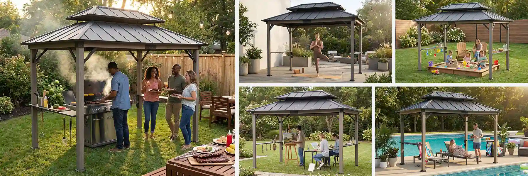 SUNJOY 8x12 Black Hardtop Grill Gazebo with Electrical Outlets and Shelves