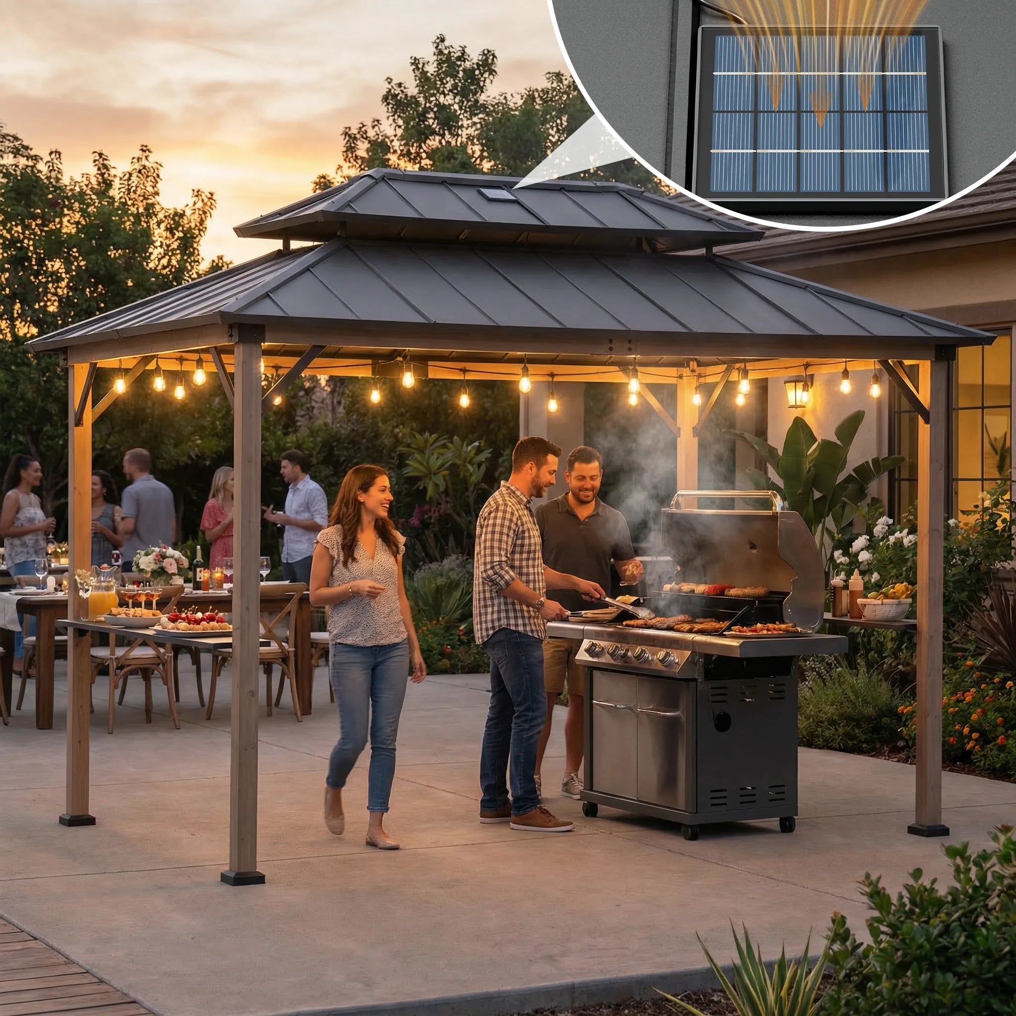 SUNJOY 8x12 Brown Wood Grill Gazebo with Solar Power and Shelves