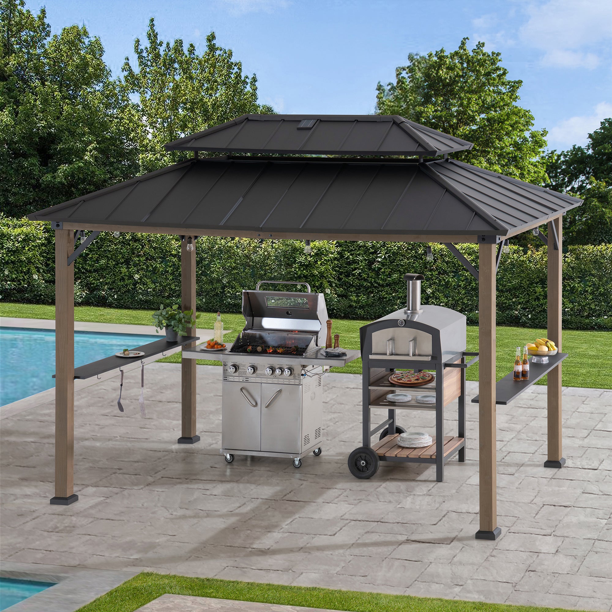 SUNJOY 8x12 Wood Grill Gazebo with Solar Power and Shelves.