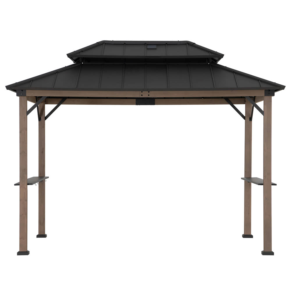 SUNJOY 8x12 Wood Grill Gazebo with Solar Power and Shelves.