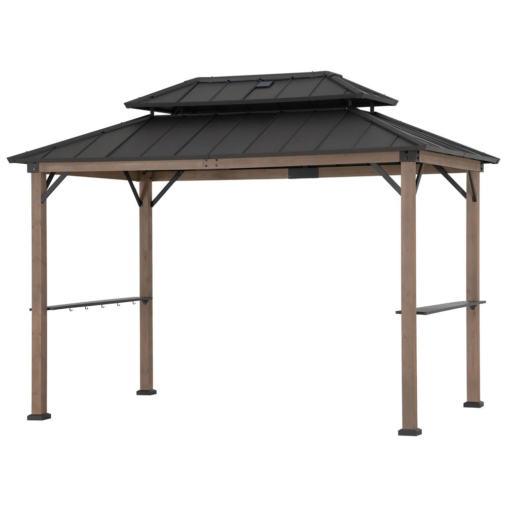 SUNJOY 8x12 Wood Grill Gazebo with Solar Power and Shelves.