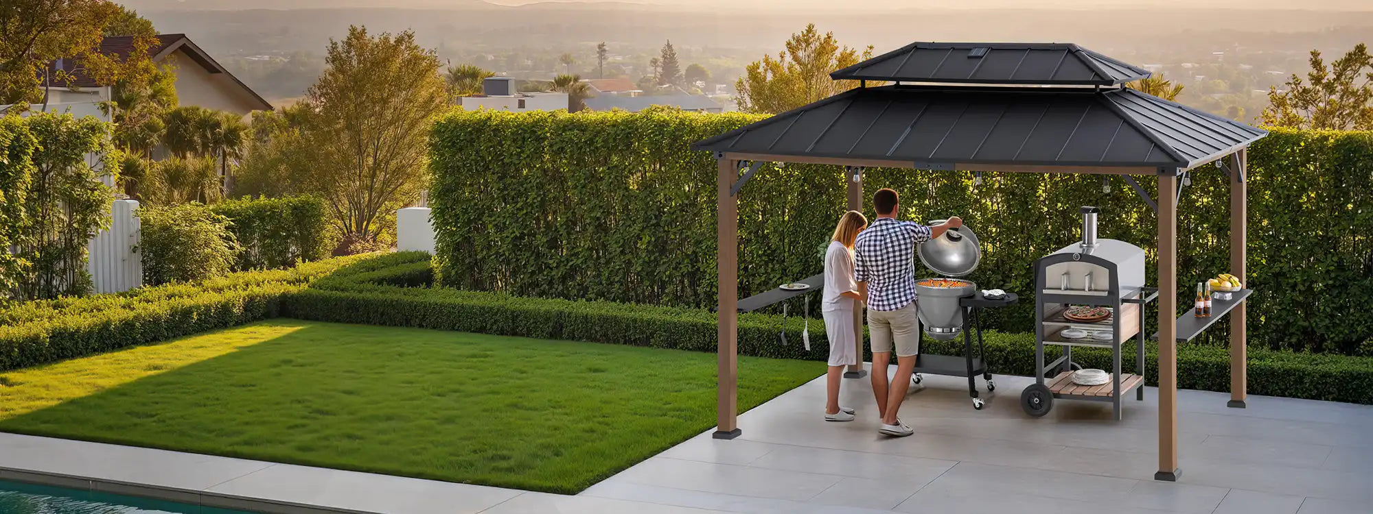 SUNJOY 8x12 Brown Wood Grill Gazebo with Solar Power and Shelves