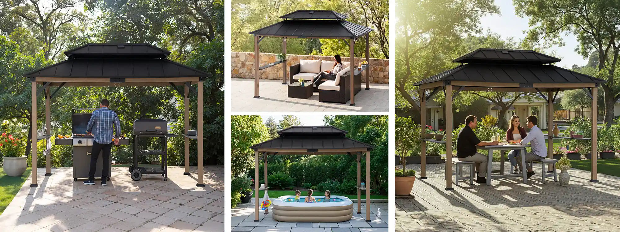 SUNJOY 8x12 Brown Wood Grill Gazebo with Solar Power and Shelves