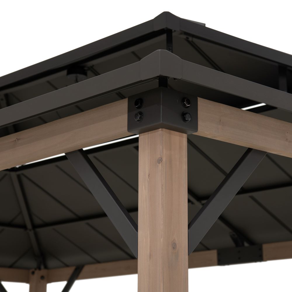 SUNJOY 8x12 Brown Wood Grill Gazebo with Solar Power and Shelves