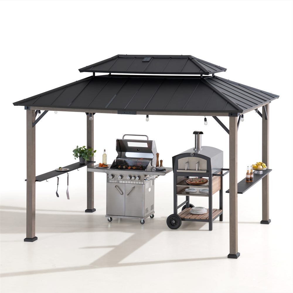 SUNJOY 8x12 Black Wood Grill Gazebo with Solar Power and Shelves