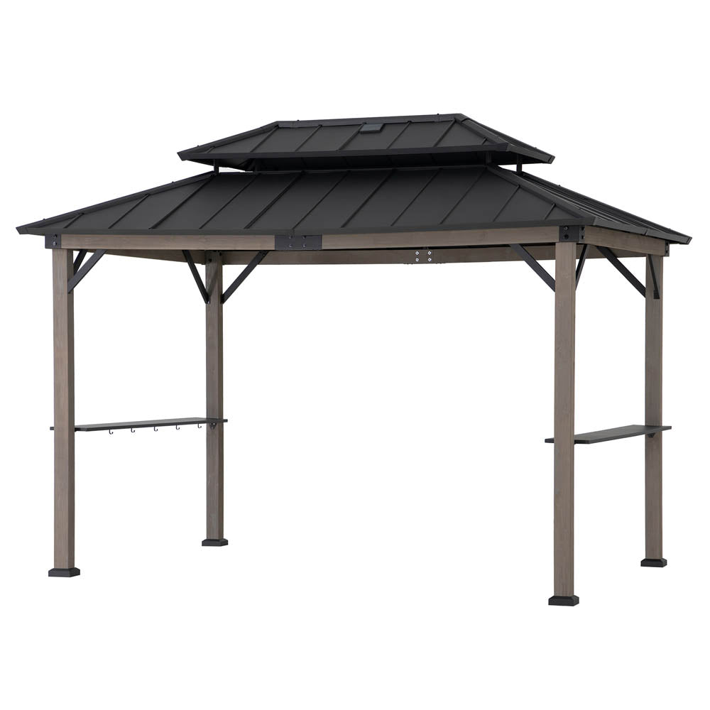 SUNJOY 8x12 Black Wood Grill Gazebo with Solar Power and Shelves