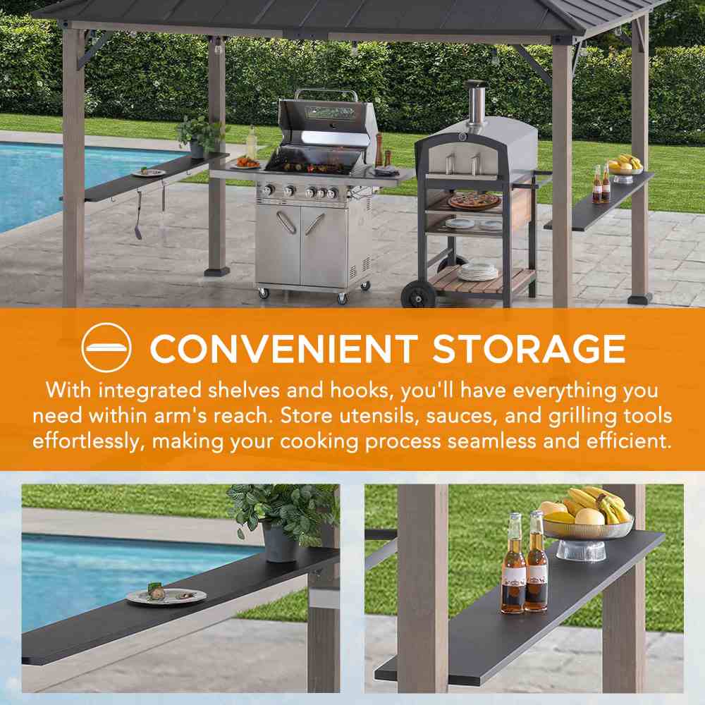 SUNJOY 8x12 Black Wood Grill Gazebo with Solar Power and Shelves