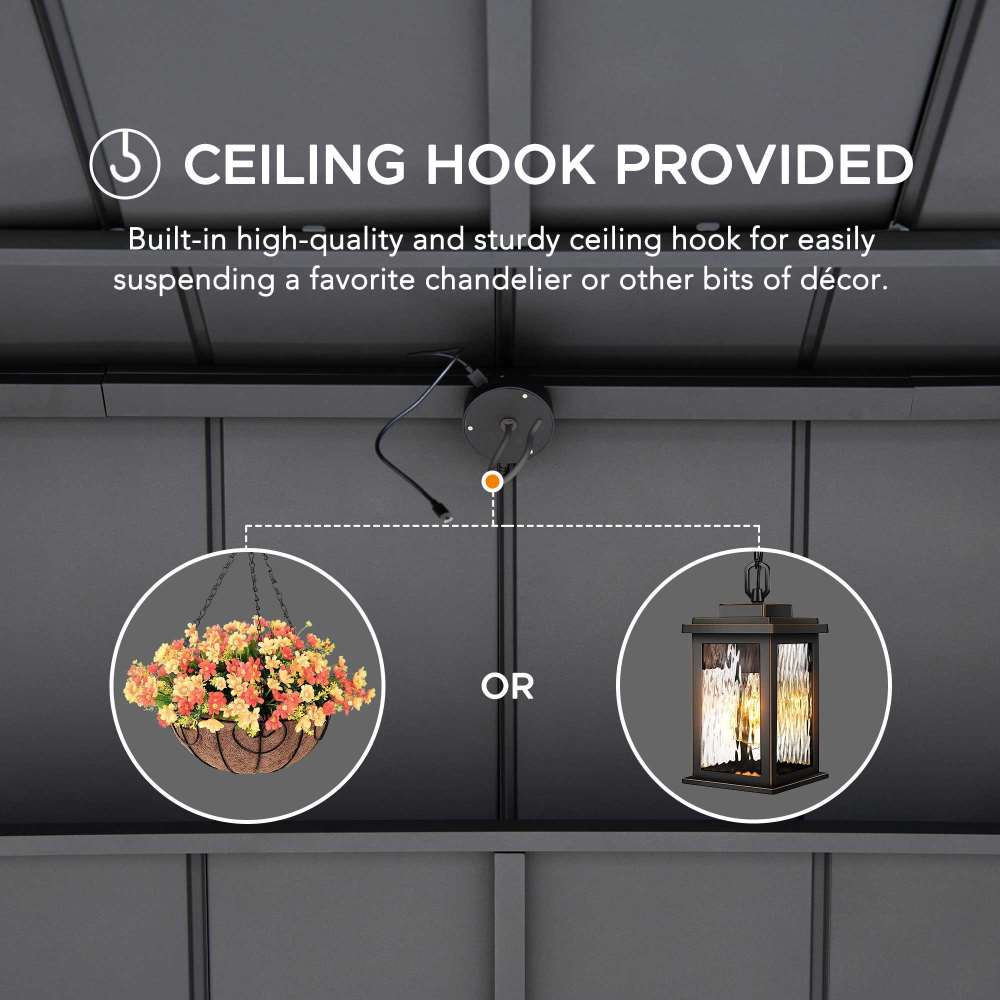 SUNJOY 8x12 Black Wood Grill Gazebo with Solar Power and Shelves