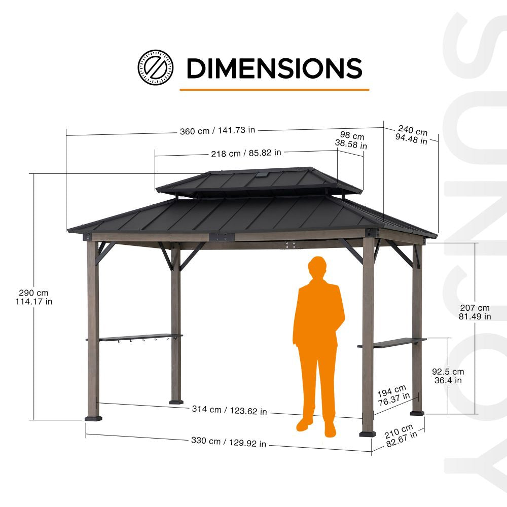 SUNJOY 8x12 Black Wood Grill Gazebo with Solar Power and Shelves