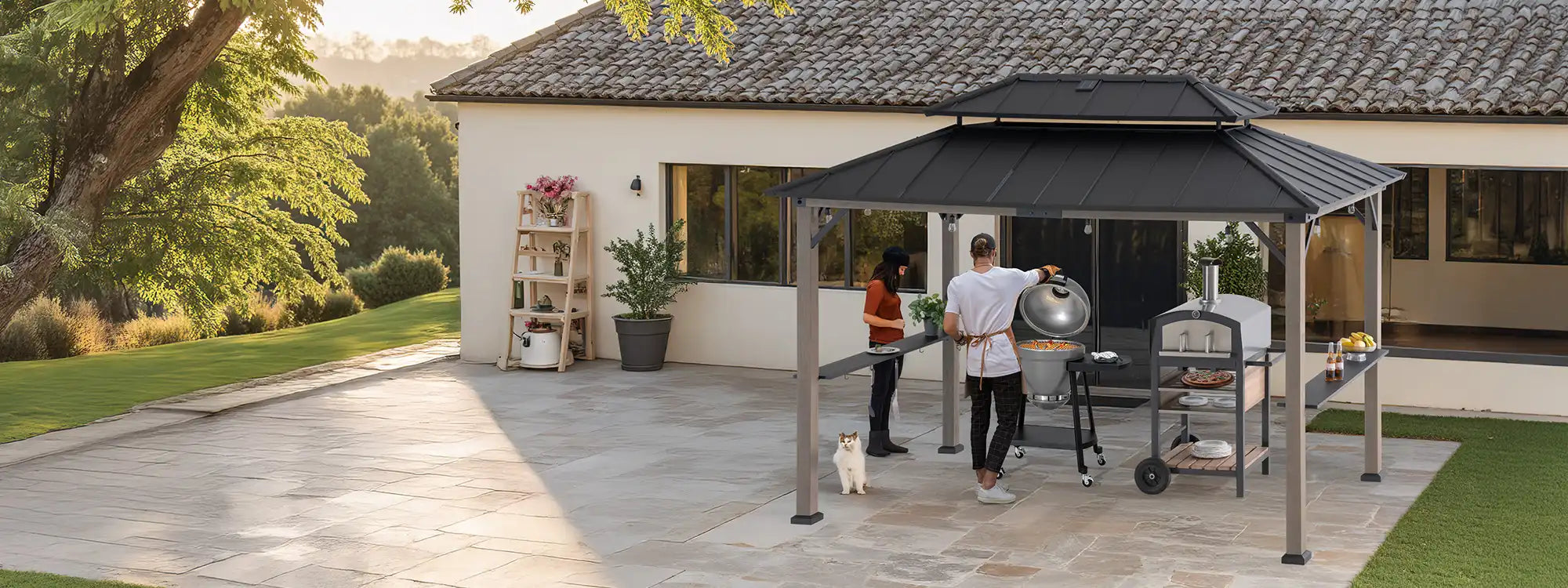 SUNJOY 8x12 Black Wood Grill Gazebo with Solar Power and Shelves