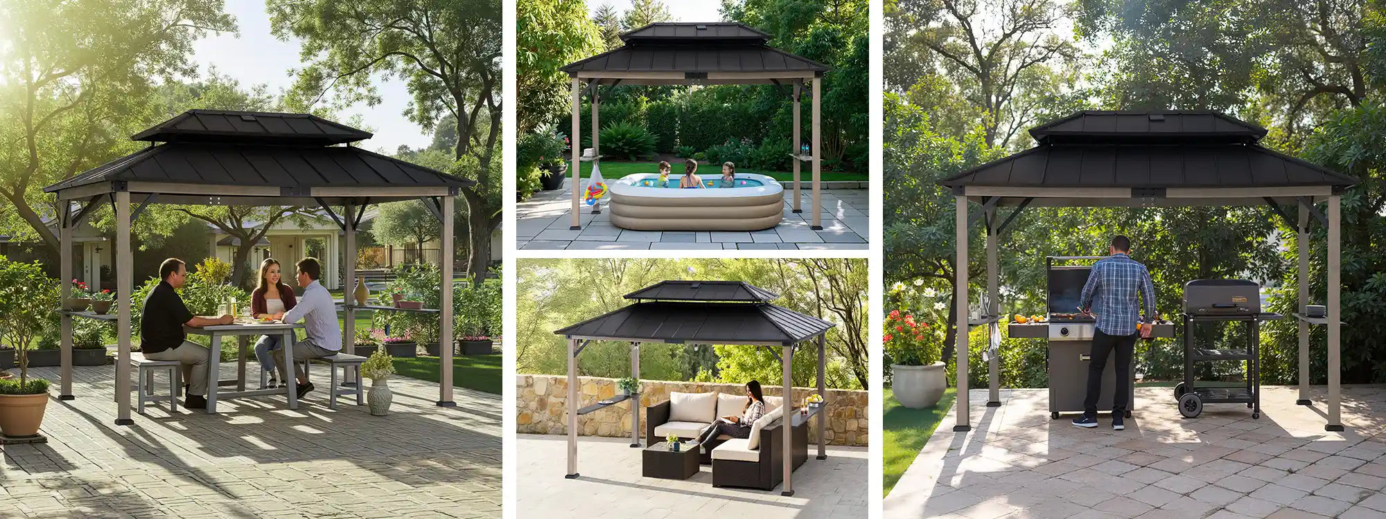 SUNJOY 8x12 Black Wood Grill Gazebo with Solar Power and Shelves