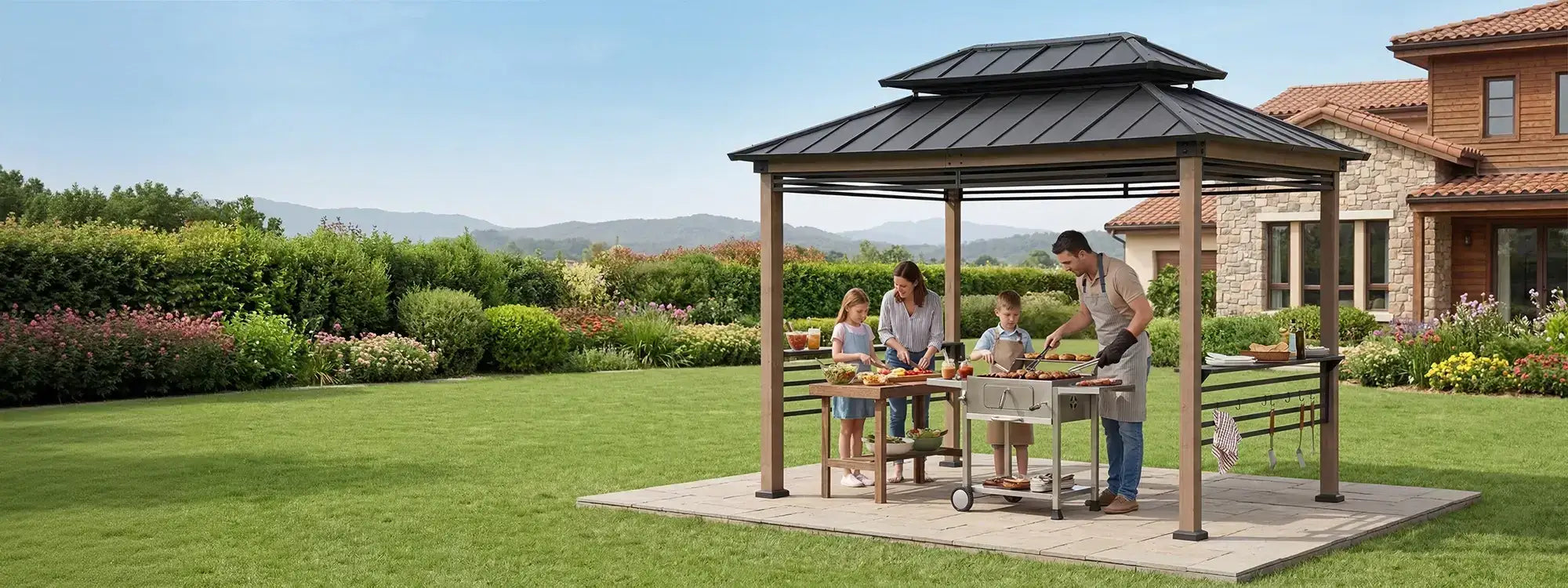 SUNJOY 8x12 Hardtop Grill Gazebo with Electrical Outlets, Fence and Shelves - Brown