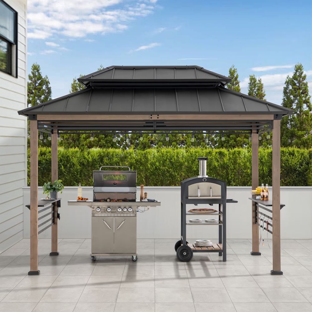 SUNJOY 8x12 Brown Hardtop Grill Gazebo with Electrical Outlets, Fence and Shelves
