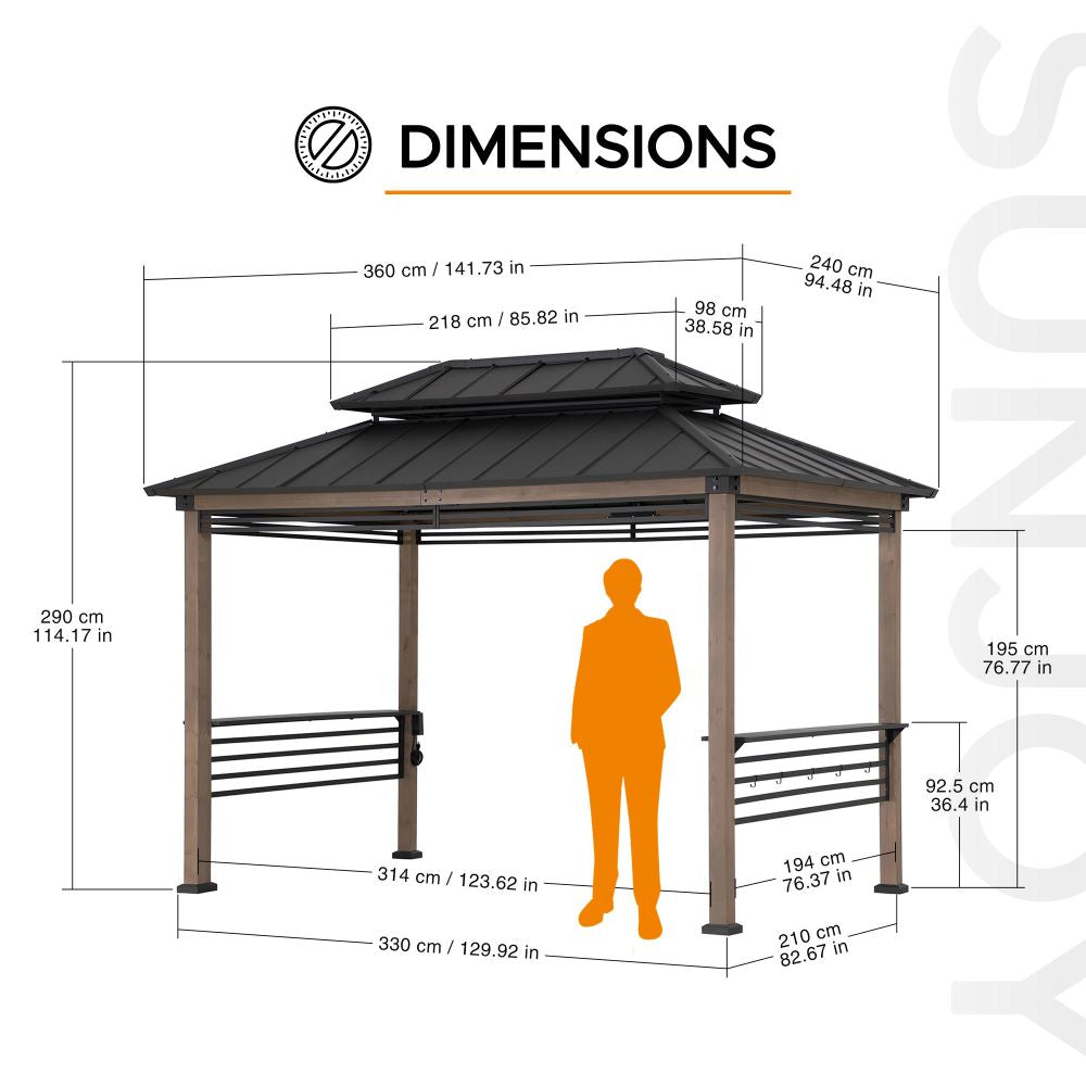SUNJOY 8x12 Brown Hardtop Grill Gazebo with Electrical Outlets, Fence and Shelves