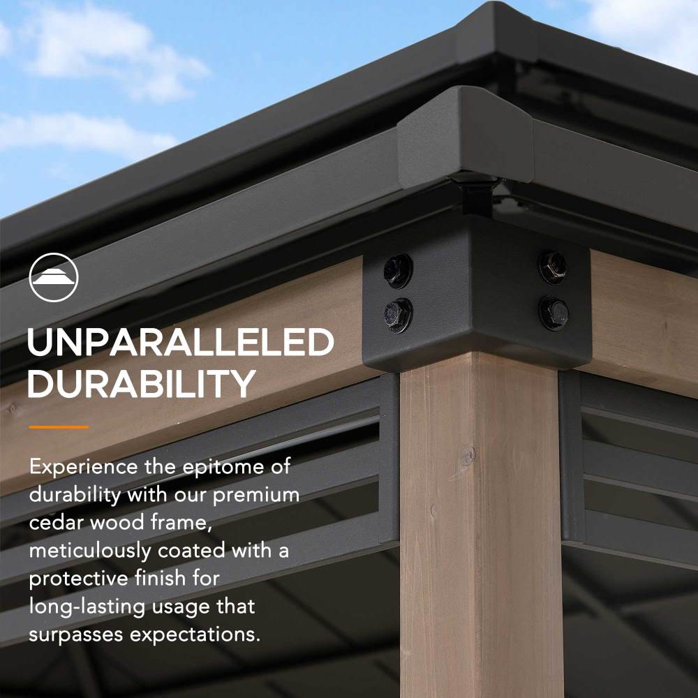 SUNJOY 8x12 Brown Hardtop Grill Gazebo with Electrical Outlets, Fence and Shelves