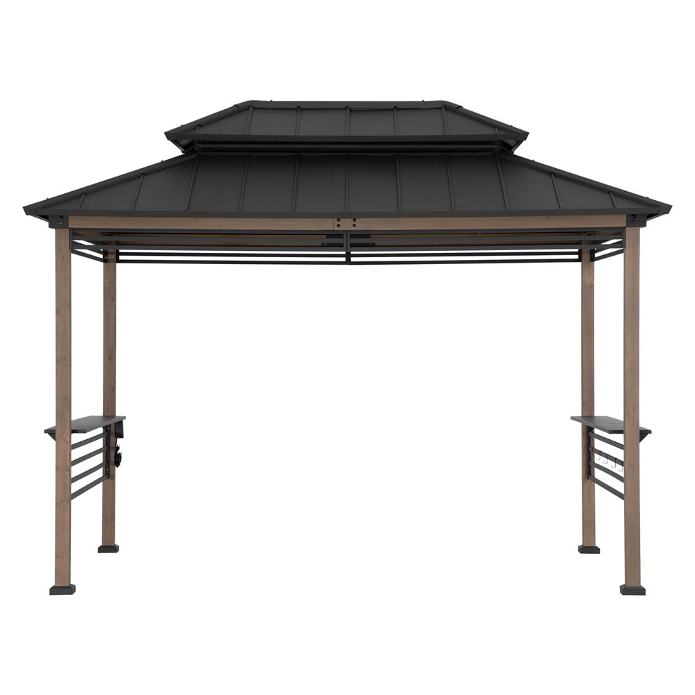 SUNJOY 8x12 Brown Hardtop Grill Gazebo with Electrical Outlets, Fence and Shelves