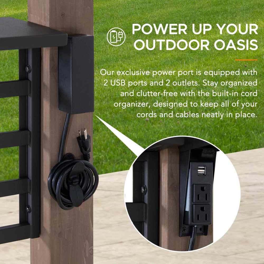 SUNJOY 8x12 Brown Hardtop Grill Gazebo with Electrical Outlets, Fence and Shelves