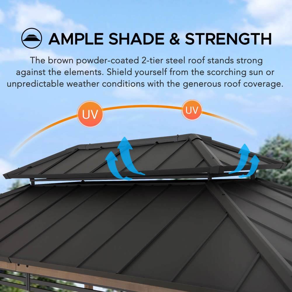 SUNJOY 8x12 Brown Hardtop Grill Gazebo with Electrical Outlets, Fence and Shelves