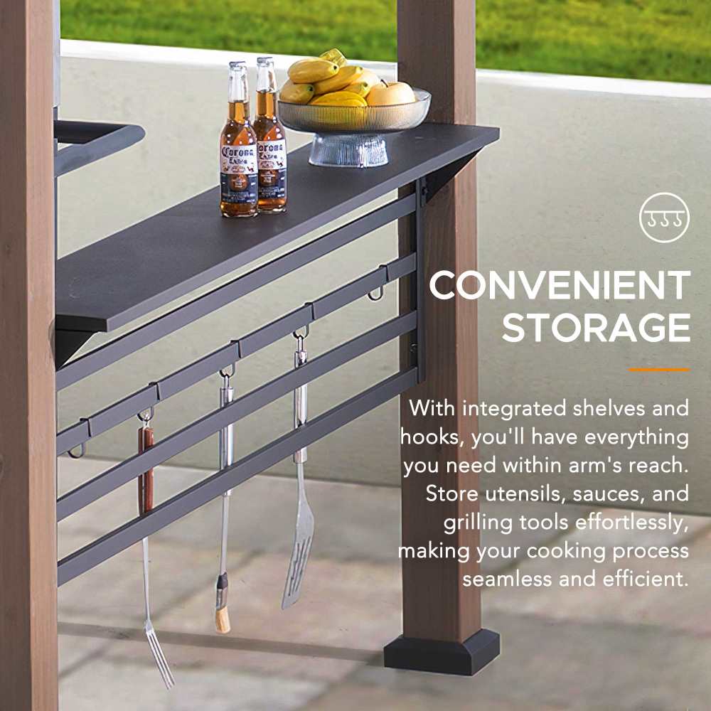 SUNJOY 8x12 Brown Hardtop Grill Gazebo with Electrical Outlets, Fence and Shelves