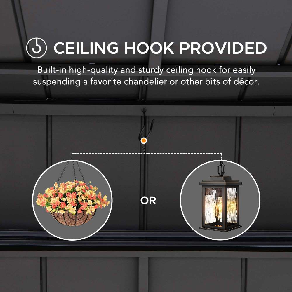 SUNJOY 8x12 Brown Hardtop Grill Gazebo with Electrical Outlets, Fence and Shelves