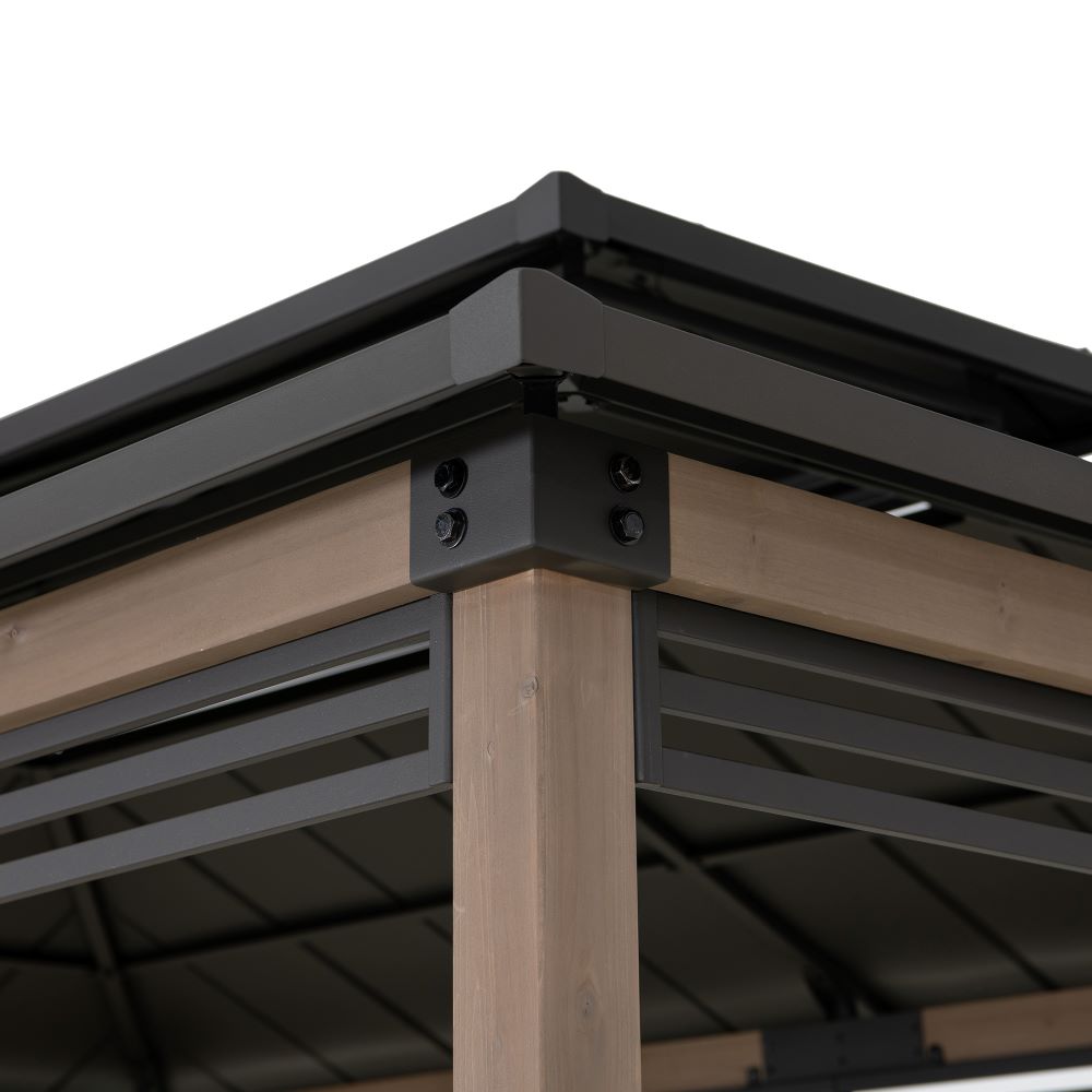 SUNJOY 8x12 Brown Hardtop Grill Gazebo with Electrical Outlets, Fence and Shelves