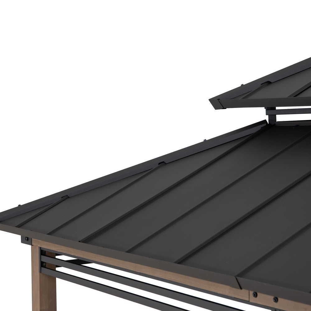 SUNJOY 8x12 Brown Hardtop Grill Gazebo with Electrical Outlets, Fence and Shelves