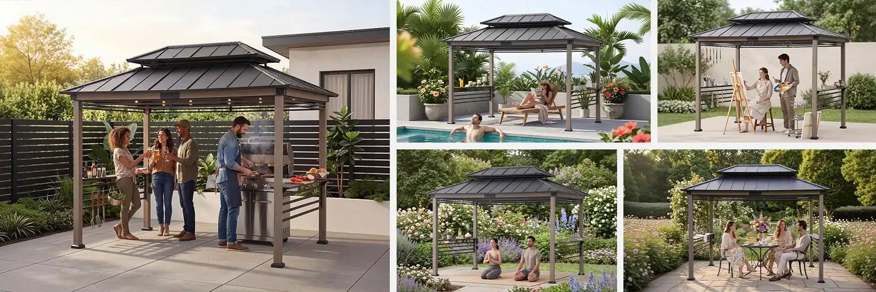 SUNJOY 8x12 Hardtop Grill Gazebo with Electrical Outlets, Fence and Shelves - Black